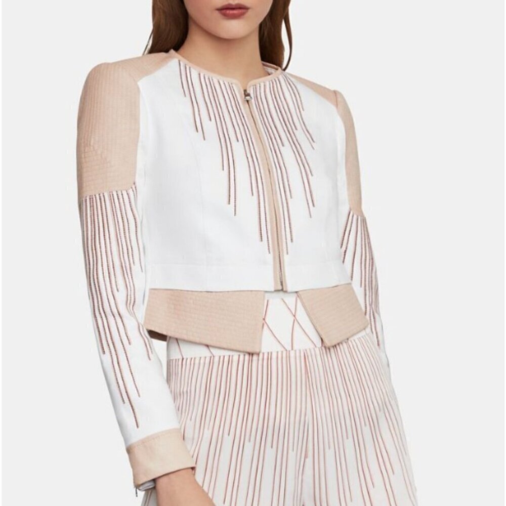 BCBGMaxazria Faux Leather Cropped Motorcycle Striped Pink Jacket XXS
